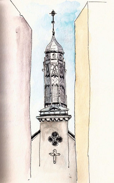 Here's mine. The steeple is seen between two buildings and Karen's simple depiction of this is far superior to my own. Stillman & Birn Beta (6x9)